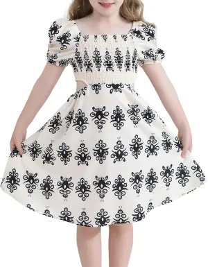 Girls Summer Dresses Tween Puff Sleeve Floral Square Neck Casual Smocked Sundress with Pockets for 7-12 Years