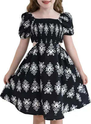 Girls Summer Dresses Tween Puff Sleeve Floral Square Neck Casual Smocked Sundress with Pockets for 7-12 Years