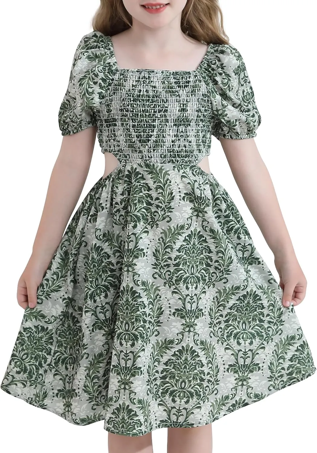 Girls Summer Dresses Tween Puff Sleeve Floral Square Neck Casual Smocked Sundress with Pockets for 7-12 Years