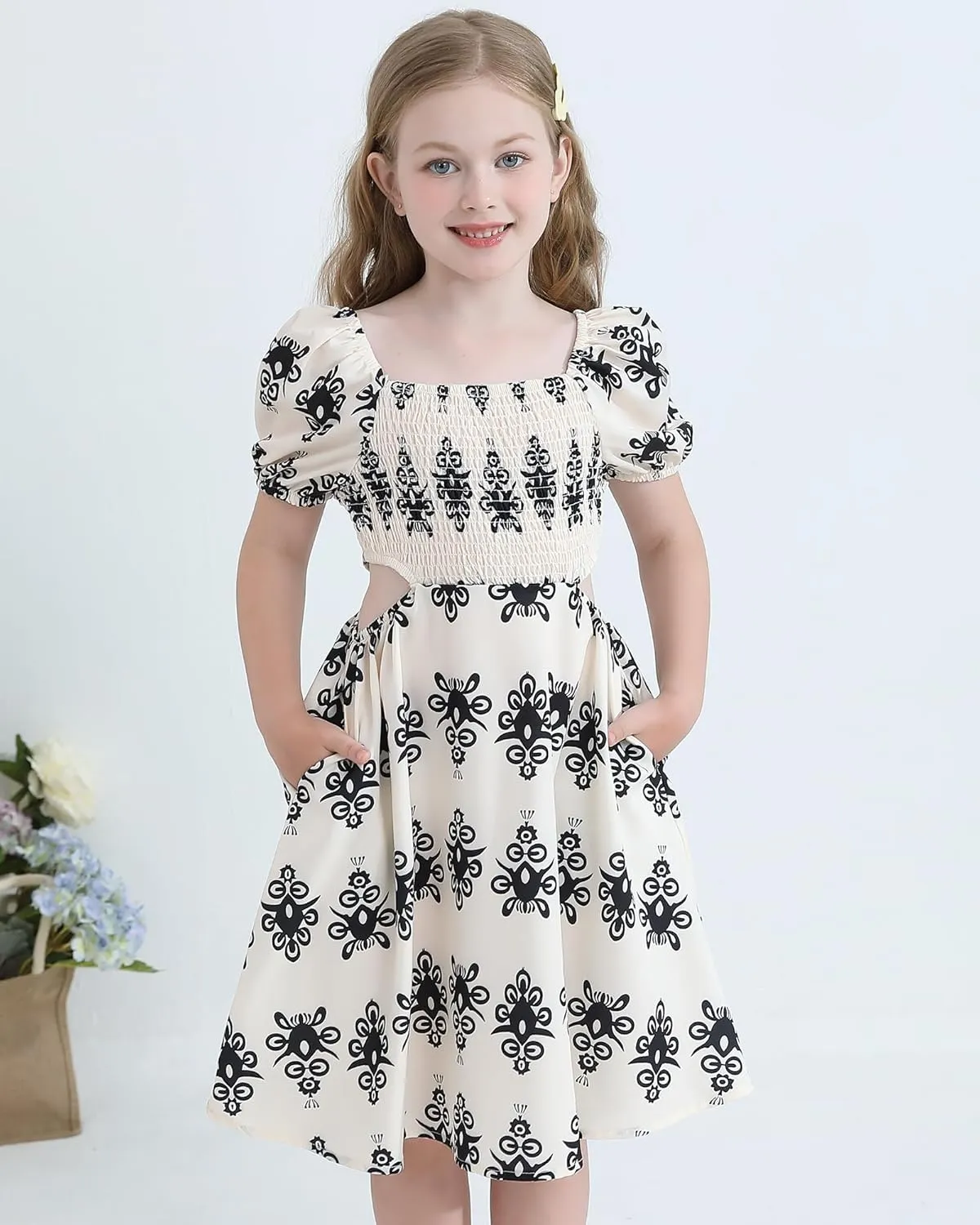 Girls Summer Dresses Tween Puff Sleeve Floral Square Neck Casual Smocked Sundress with Pockets for 7-12 Years