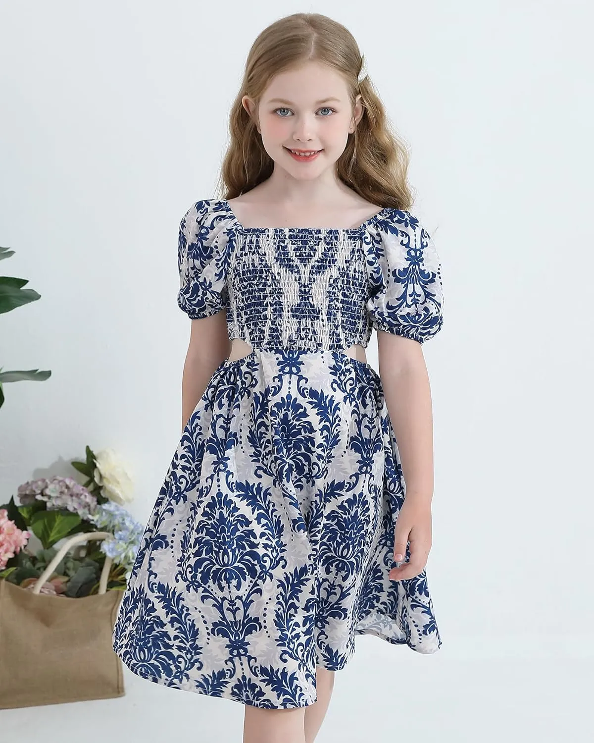 Girls Summer Dresses Tween Puff Sleeve Floral Square Neck Casual Smocked Sundress with Pockets for 7-12 Years