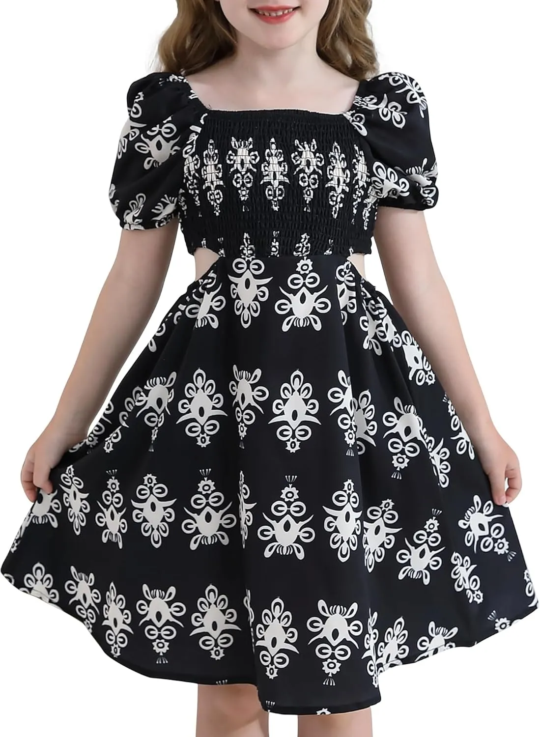 Girls Summer Dresses Tween Puff Sleeve Floral Square Neck Casual Smocked Sundress with Pockets for 7-12 Years