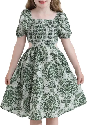Girls Summer Dresses Tween Puff Sleeve Floral Square Neck Casual Smocked Sundress with Pockets for 7-12 Years