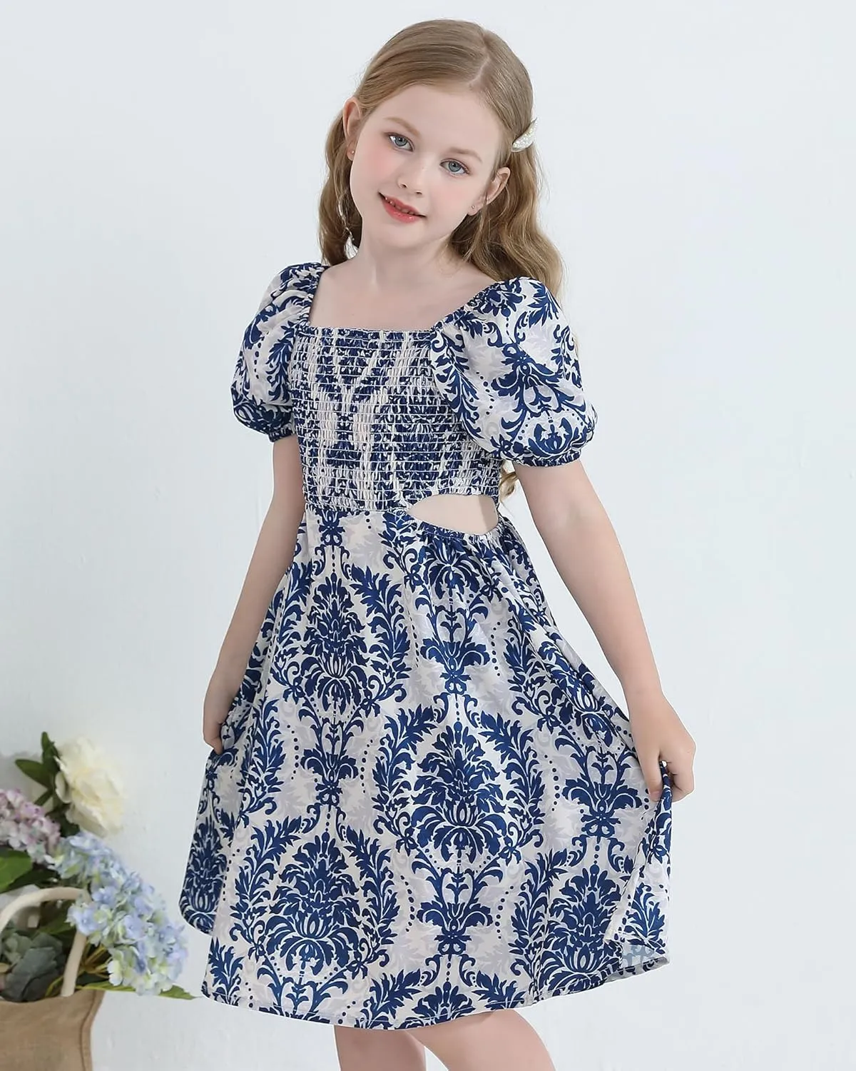 Girls Summer Dresses Tween Puff Sleeve Floral Square Neck Casual Smocked Sundress with Pockets for 7-12 Years