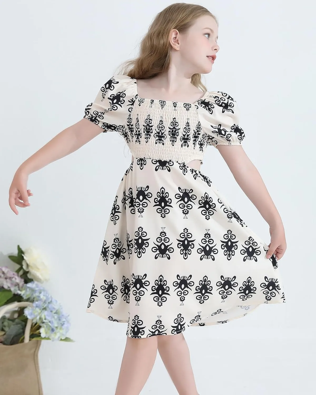Girls Summer Dresses Tween Puff Sleeve Floral Square Neck Casual Smocked Sundress with Pockets for 7-12 Years