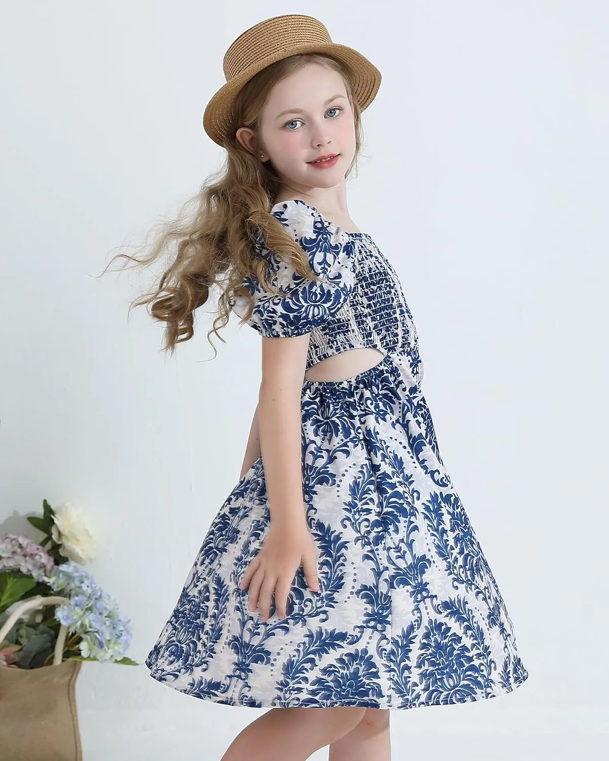 Girls Summer Dresses Tween Puff Sleeve Floral Square Neck Casual Smocked Sundress with Pockets for 7-12 Years