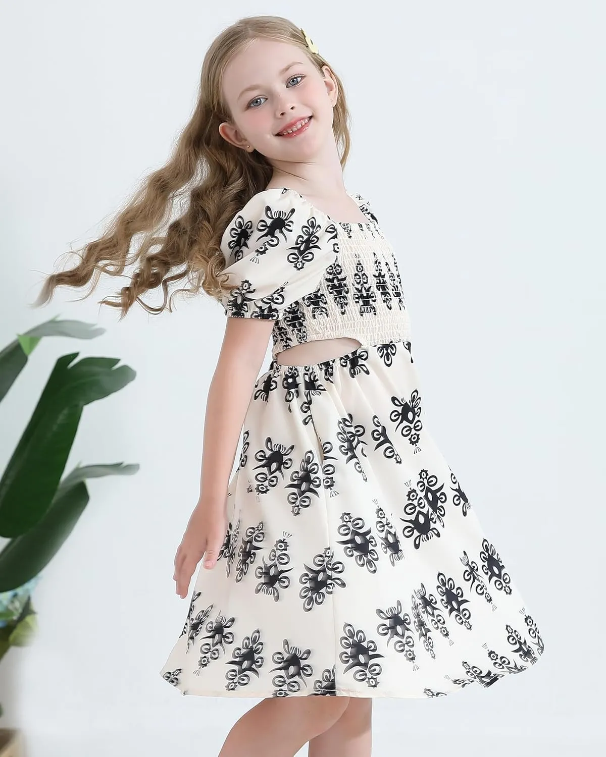 Girls Summer Dresses Tween Puff Sleeve Floral Square Neck Casual Smocked Sundress with Pockets for 7-12 Years