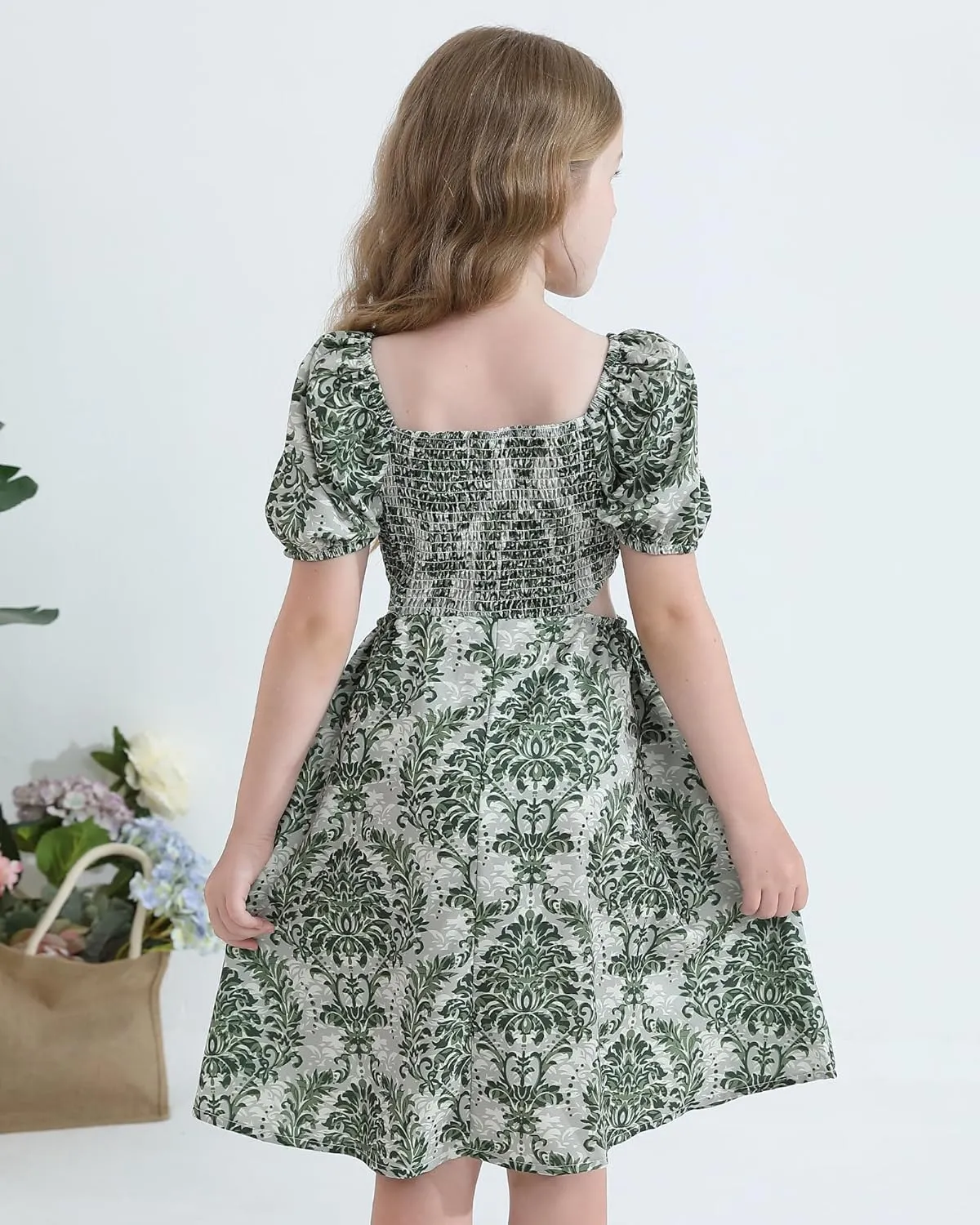 Girls Summer Dresses Tween Puff Sleeve Floral Square Neck Casual Smocked Sundress with Pockets for 7-12 Years