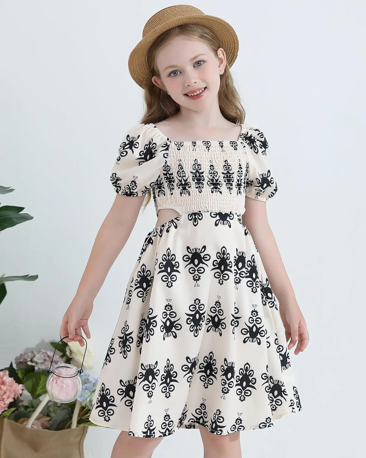 Girls Summer Dresses Tween Puff Sleeve Floral Square Neck Casual Smocked Sundress with Pockets for 7-12 Years