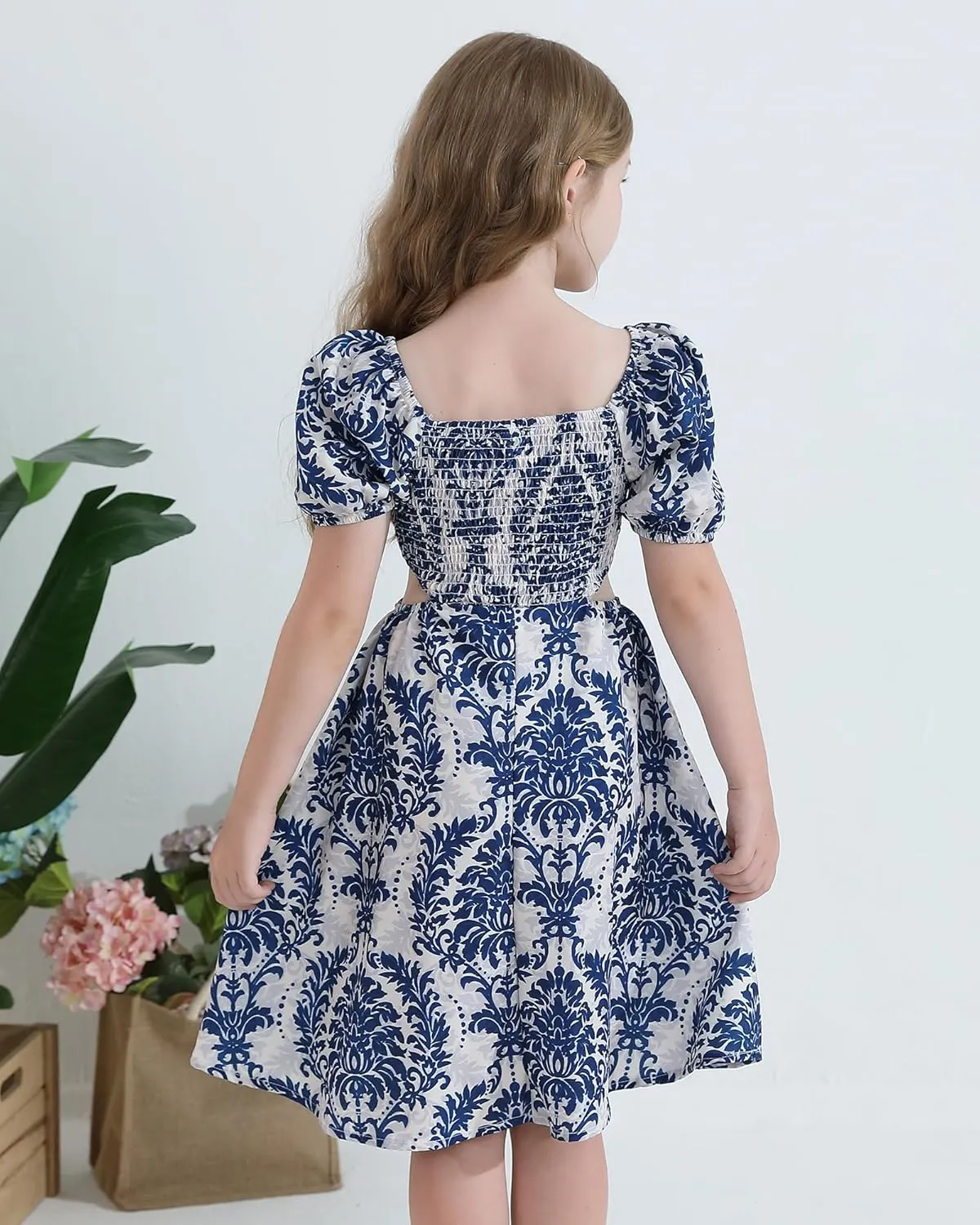 Girls Summer Dresses Tween Puff Sleeve Floral Square Neck Casual Smocked Sundress with Pockets for 7-12 Years