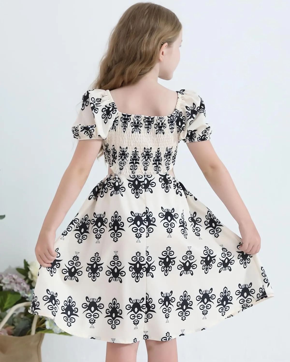 Girls Summer Dresses Tween Puff Sleeve Floral Square Neck Casual Smocked Sundress with Pockets for 7-12 Years