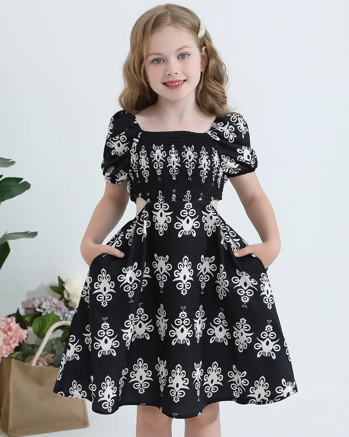 Girls Summer Dresses Tween Puff Sleeve Floral Square Neck Casual Smocked Sundress with Pockets for 7-12 Years