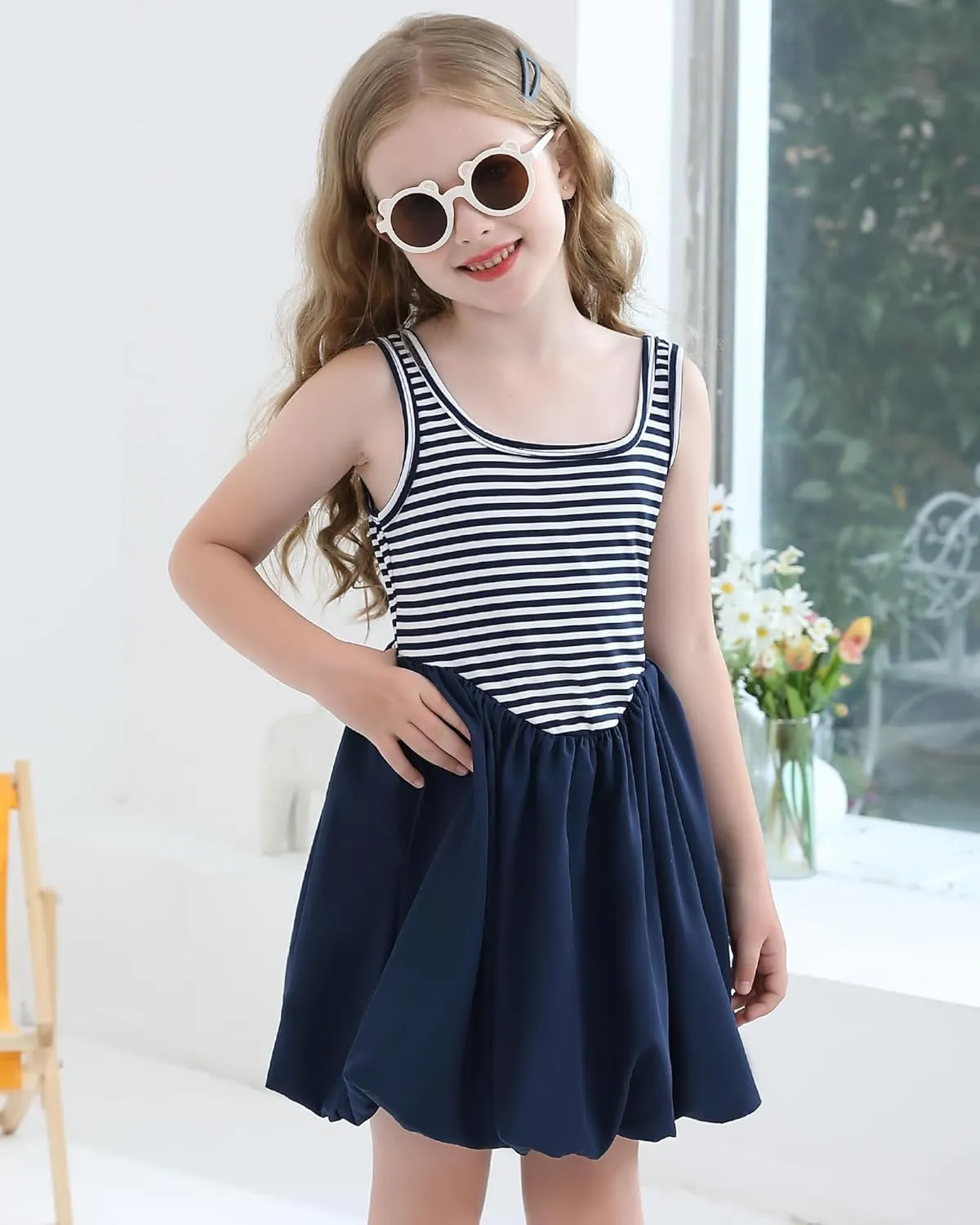 Girls Summer Dresses Tween Sleeveless Bubble Hem Sundress Casual Beach Vacation with Pockets for 7-12 Years