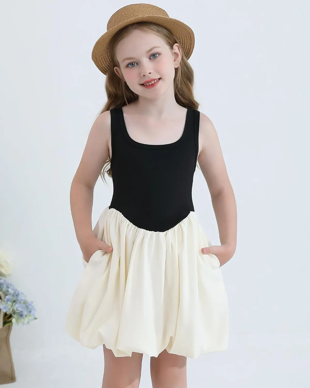 Girls Summer Dresses Tween Sleeveless Bubble Hem Sundress Casual Beach Vacation with Pockets for 7-12 Years
