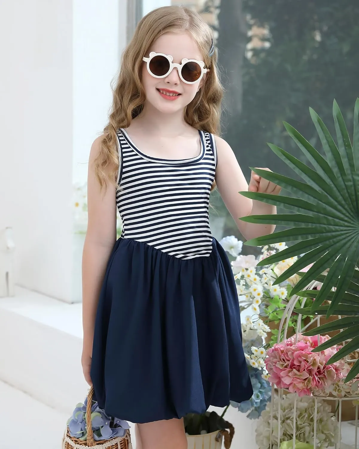 Girls Summer Dresses Tween Sleeveless Bubble Hem Sundress Casual Beach Vacation with Pockets for 7-12 Years