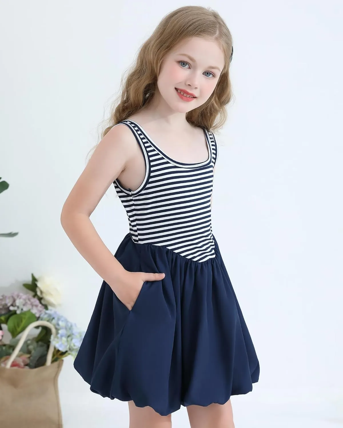 Girls Summer Dresses Tween Sleeveless Bubble Hem Sundress Casual Beach Vacation with Pockets for 7-12 Years