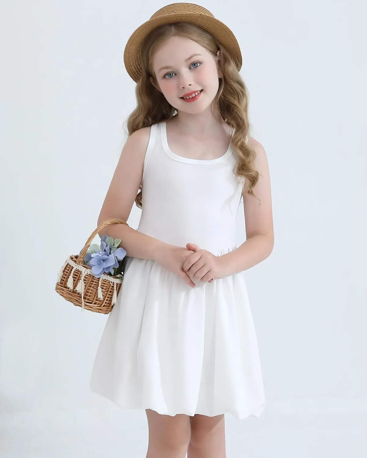 Girls Summer Dresses Tween Sleeveless Bubble Hem Sundress Casual Beach Vacation with Pockets for 7-12 Years