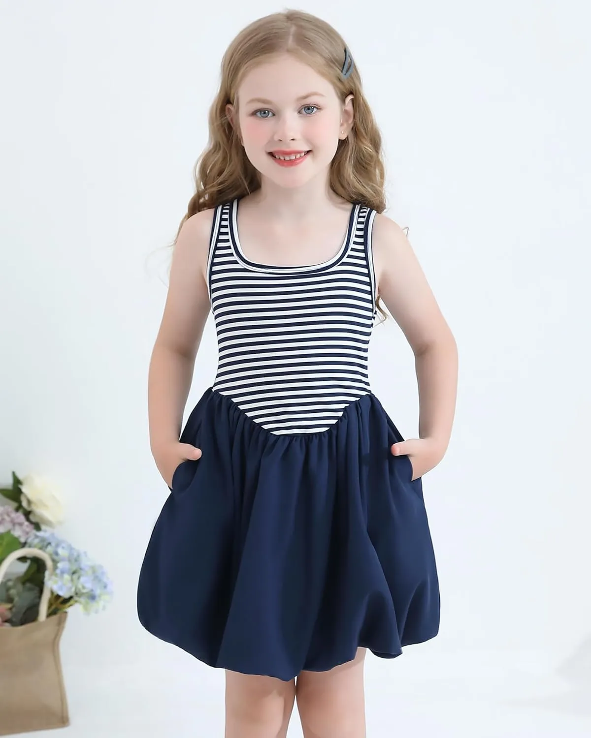 Girls Summer Dresses Tween Sleeveless Bubble Hem Sundress Casual Beach Vacation with Pockets for 7-12 Years