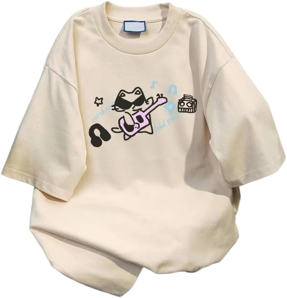 Goth Punk Oversized Tshirts Cute Kawaii Cat Print Baggy Shirts Summer Harajuku Vintage Y2K Tees Top Clothes