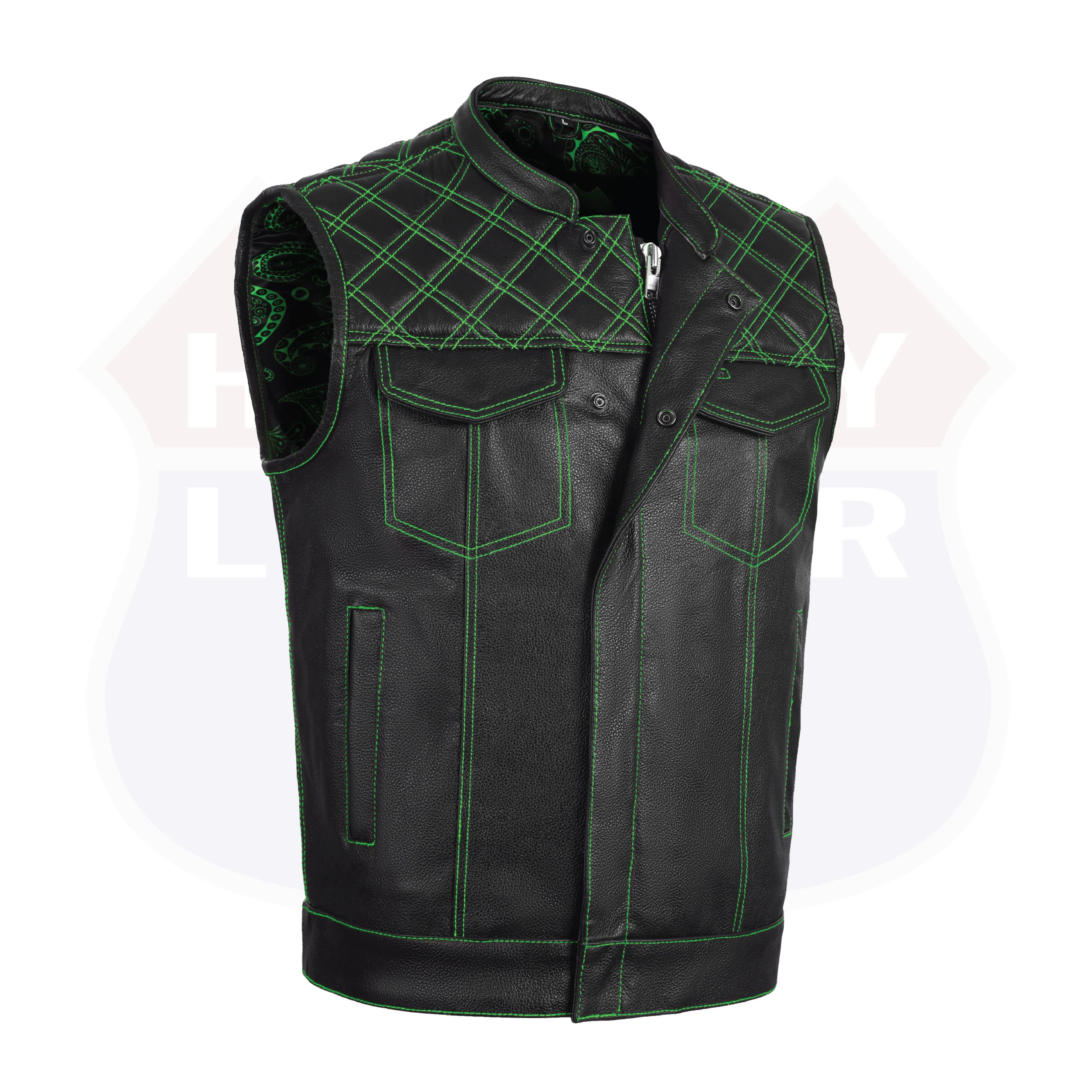 GREEN HL11693SPTGREEN  Black Men Cross Stitch Club Leather Vest