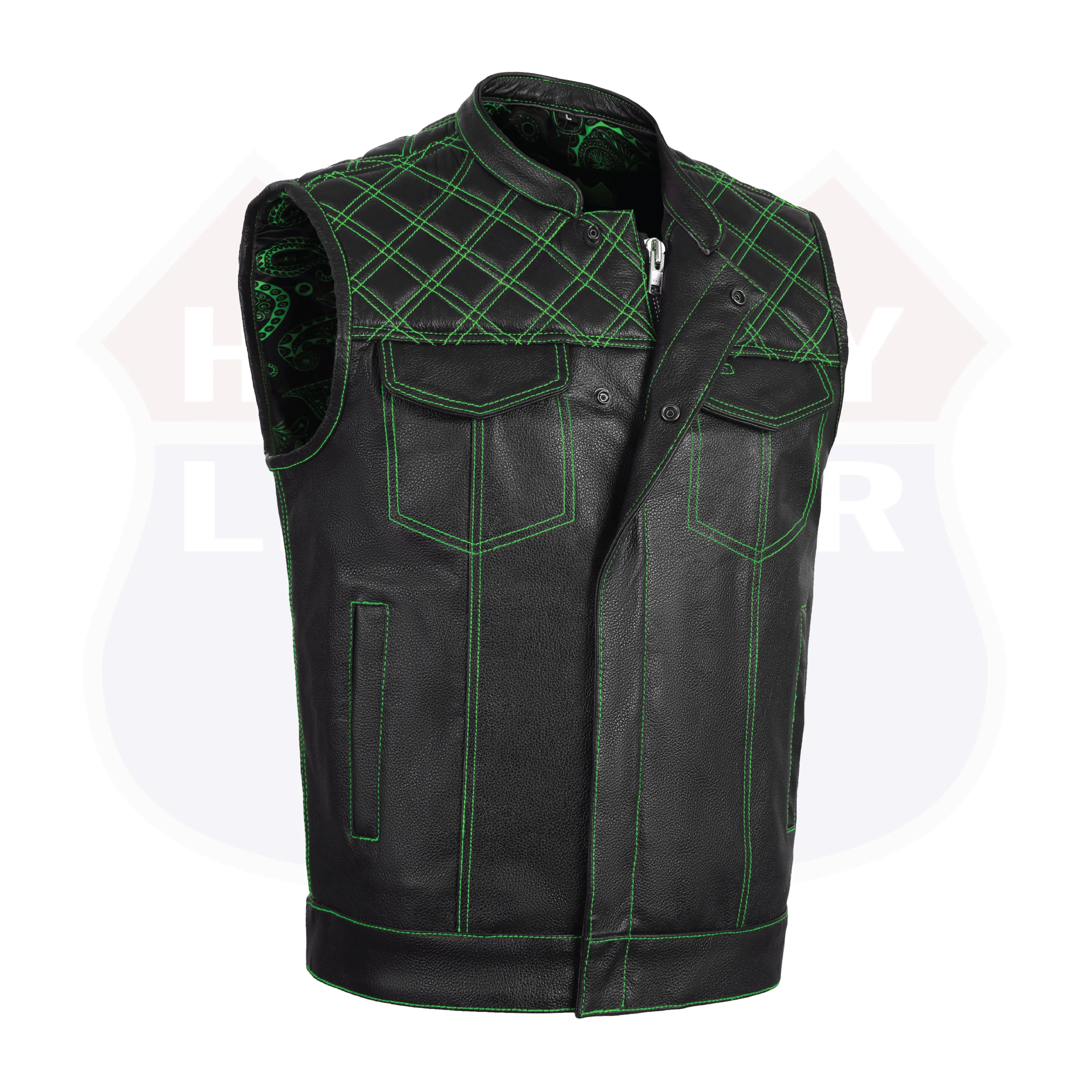 GREEN HL11693SPTGREEN  Black Men Cross Stitch Club Leather Vest