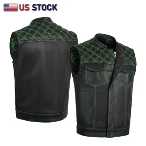 GREEN HL11693SPTGREEN  Black Men Cross Stitch Club Leather Vest