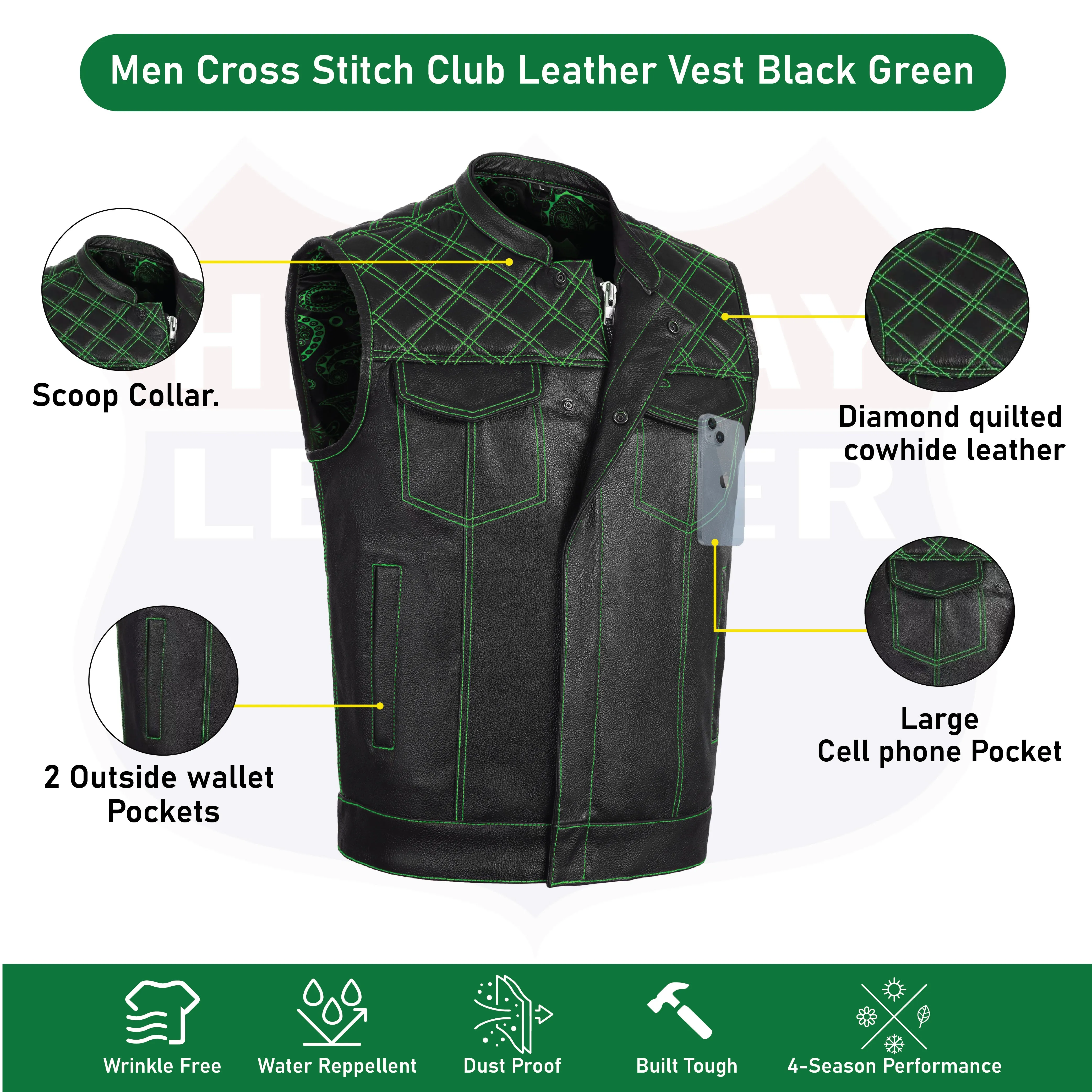 GREEN HL11693SPTGREEN  Black Men Cross Stitch Club Leather Vest