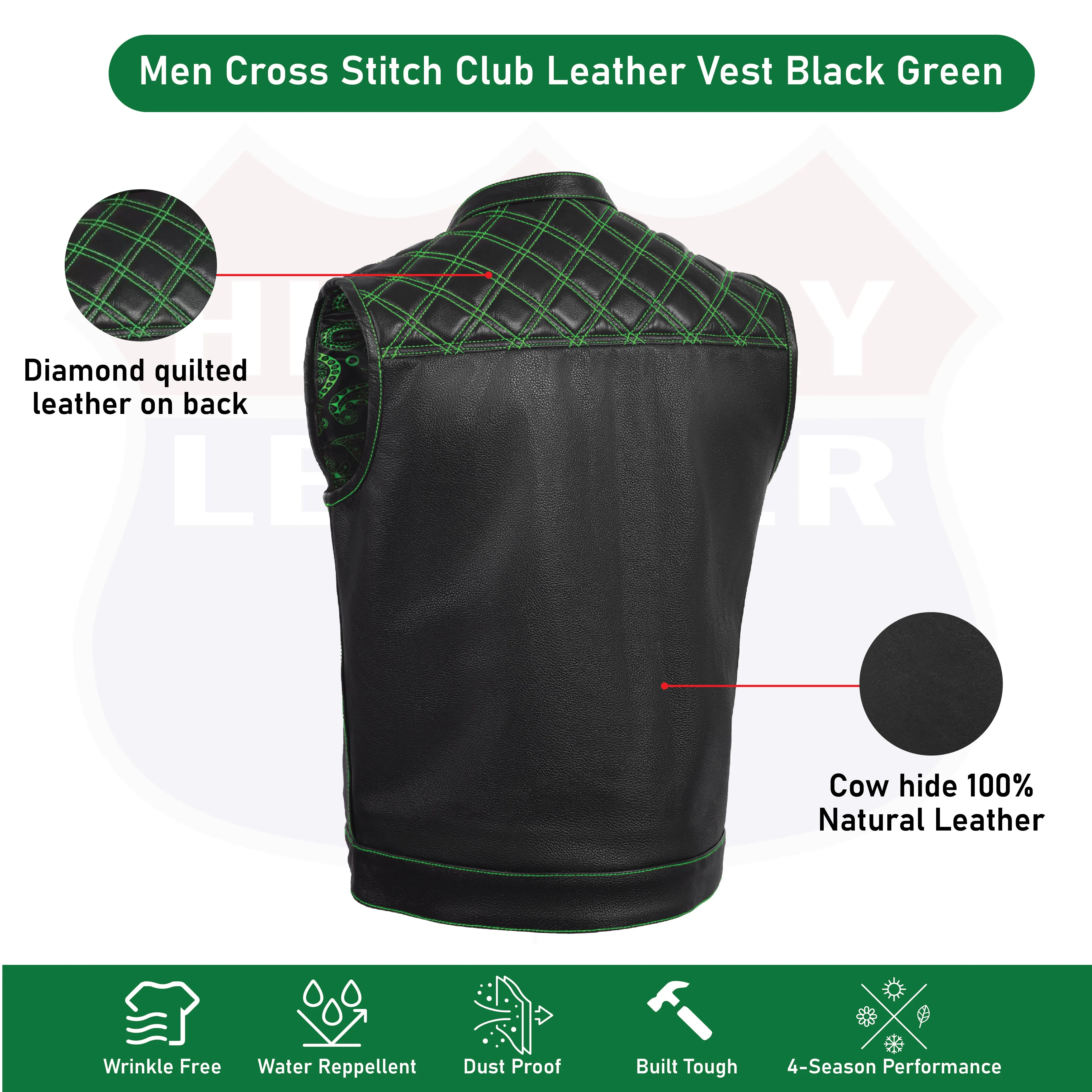 GREEN HL11693SPTGREEN  Black Men Cross Stitch Club Leather Vest
