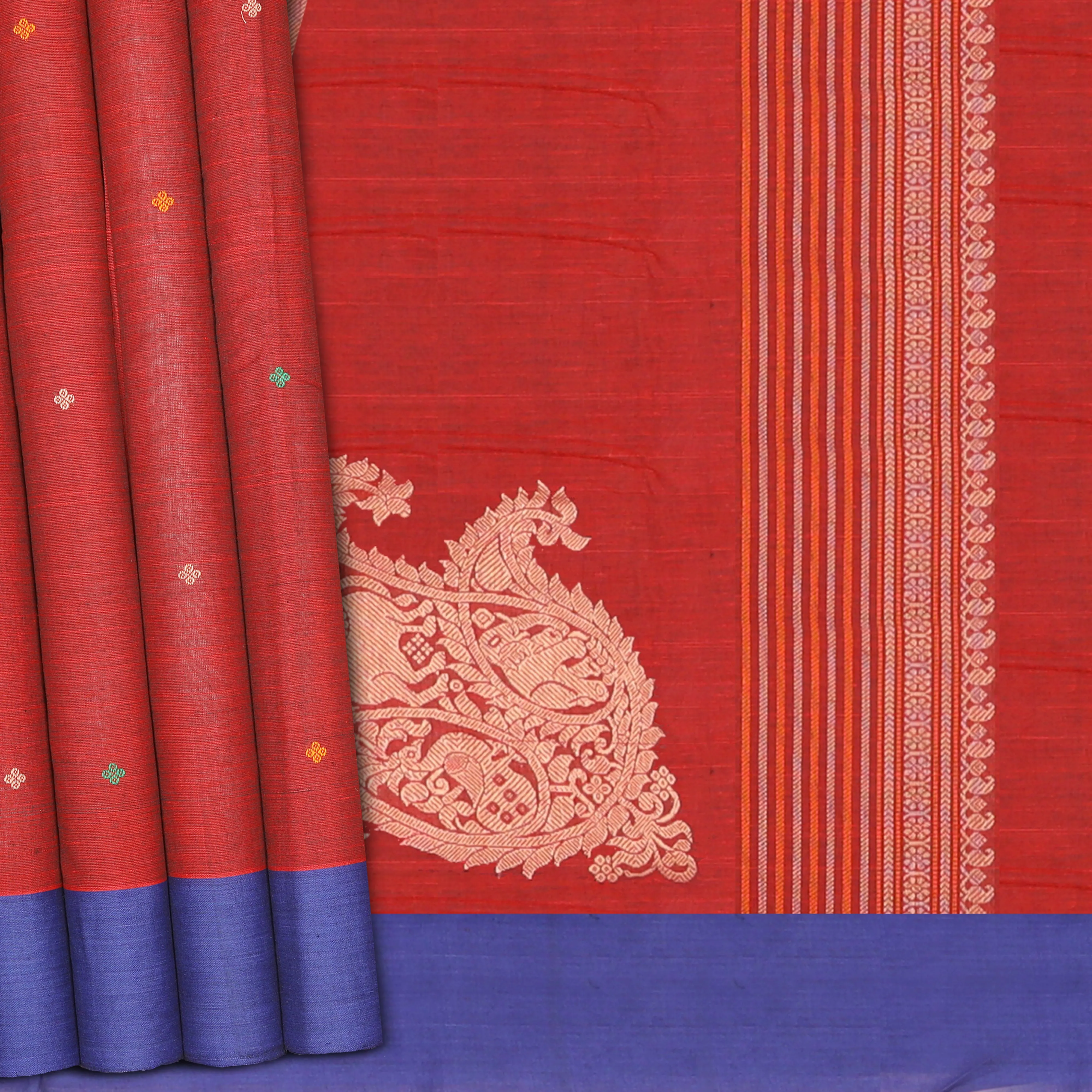 Handwoven Maroon with Yellow and Blue Kanjivaram Cotton Saree - 1001T001903DSC
