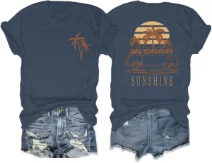 Hawaiian Shirts for Women Beach Hawaii Tropical Shirt Palm Tree Sunshine Graphic Tees Vacation Summer Vibes Tops