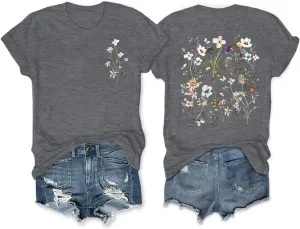 HDLTE Women Vintage Botanical Floral Graphic Tees Casual Boho Short Sleeve Plus Size Tops