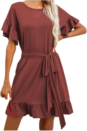 HGps8w Summer Dresses for Women 2025 Casual Crewneck Ruffle Short Sleeve A Line Mini Tshirt Dress with Belt