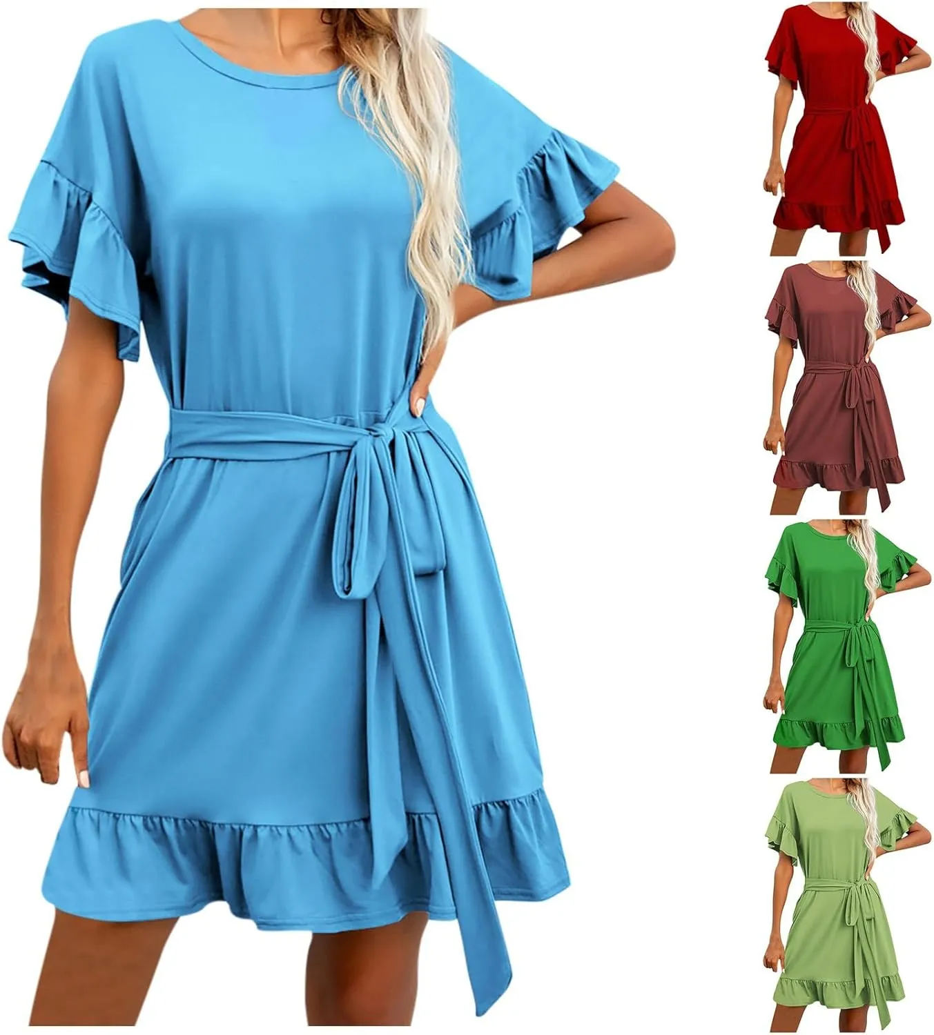 HGps8w Summer Dresses for Women 2025 Casual Crewneck Ruffle Short Sleeve A Line Mini Tshirt Dress with Belt