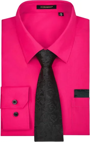 HISDERN Mens Dress Shirt with Tie Pocket Square Set Classic Button Down Shirt Matching Tie Long Sleeve Shirts
