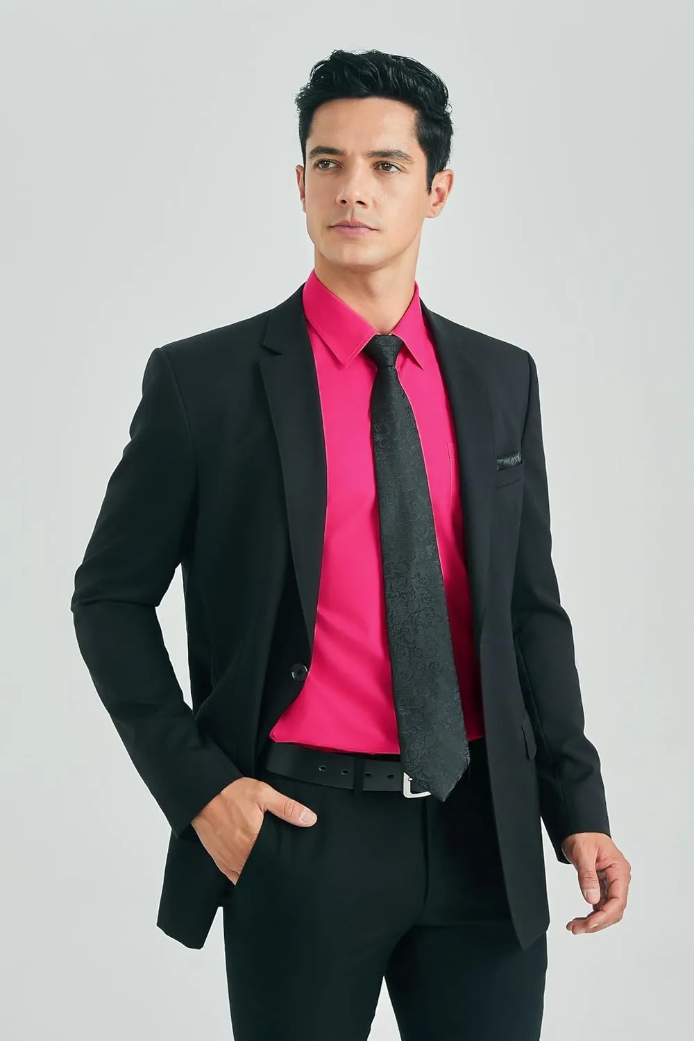 HISDERN Mens Dress Shirt with Tie Pocket Square Set Classic Button Down Shirt Matching Tie Long Sleeve Shirts