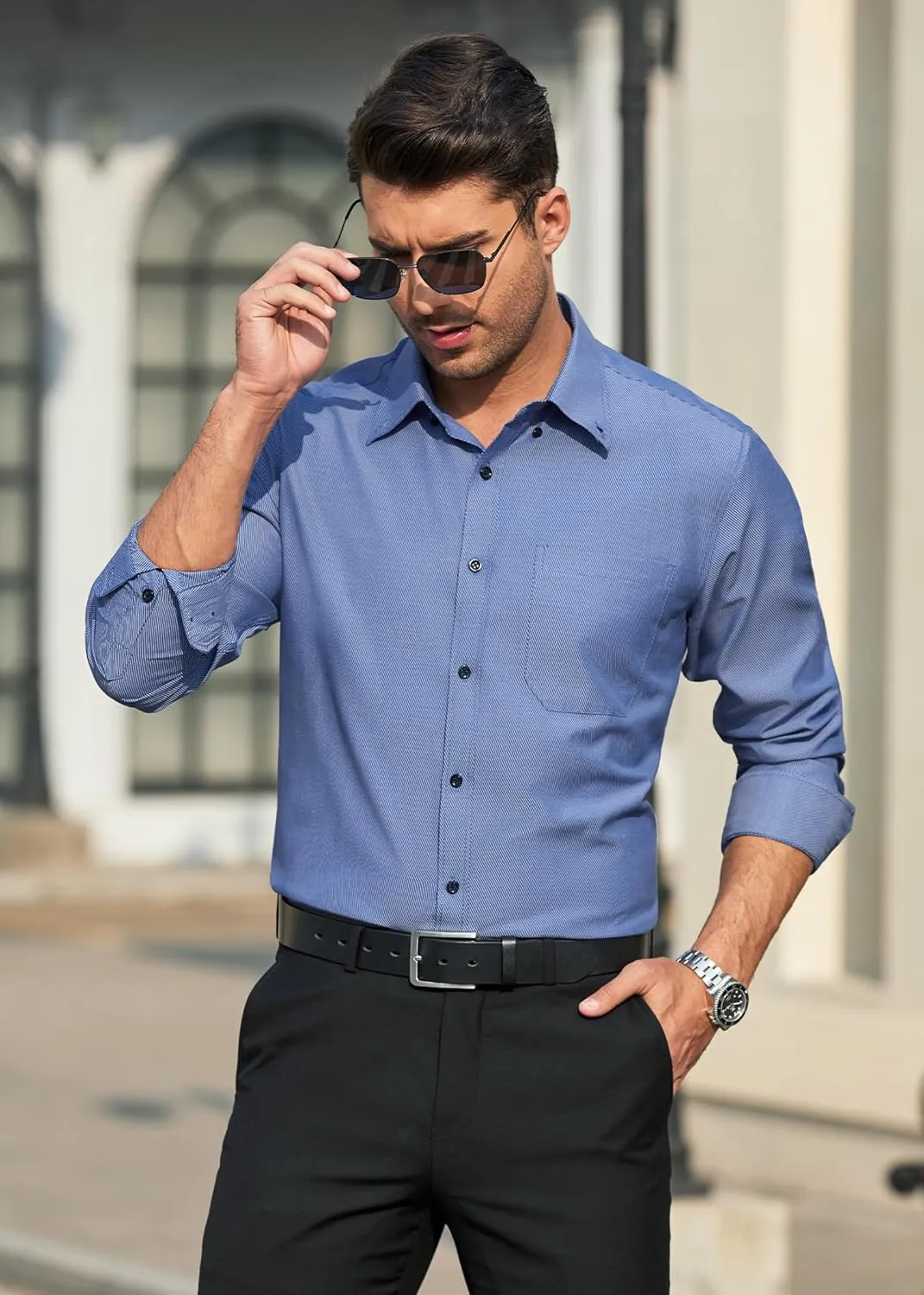 HISDERN Mens Stripe Dress Shirts Long Sleeve Button Down Shirt Formal Wrinkle Free Dress Shirts Business Cotton Shirt
