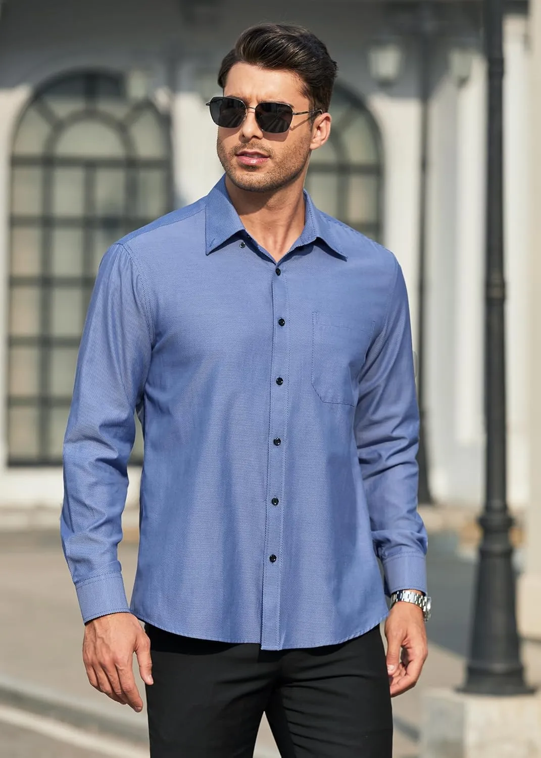 HISDERN Mens Stripe Dress Shirts Long Sleeve Button Down Shirt Formal Wrinkle Free Dress Shirts Business Cotton Shirt