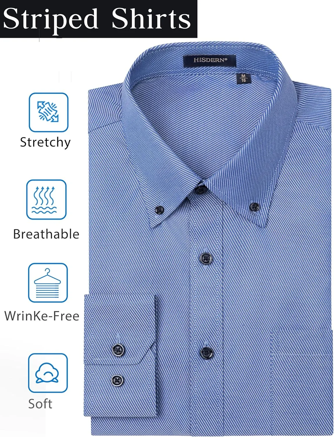 HISDERN Mens Stripe Dress Shirts Long Sleeve Button Down Shirt Formal Wrinkle Free Dress Shirts Business Cotton Shirt