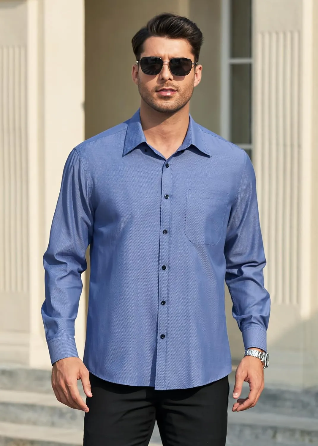 HISDERN Mens Stripe Dress Shirts Long Sleeve Button Down Shirt Formal Wrinkle Free Dress Shirts Business Cotton Shirt