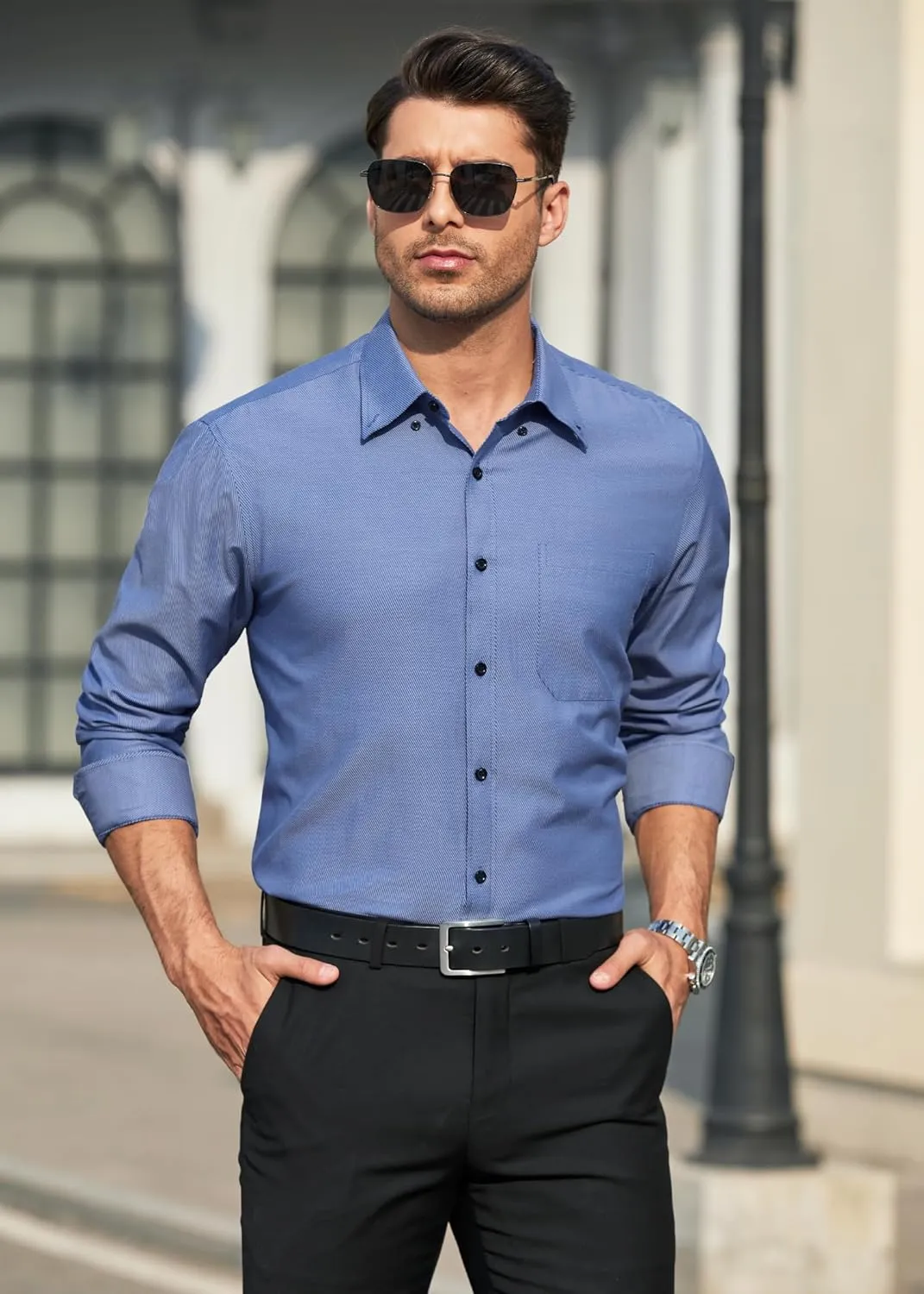 HISDERN Mens Stripe Dress Shirts Long Sleeve Button Down Shirt Formal Wrinkle Free Dress Shirts Business Cotton Shirt