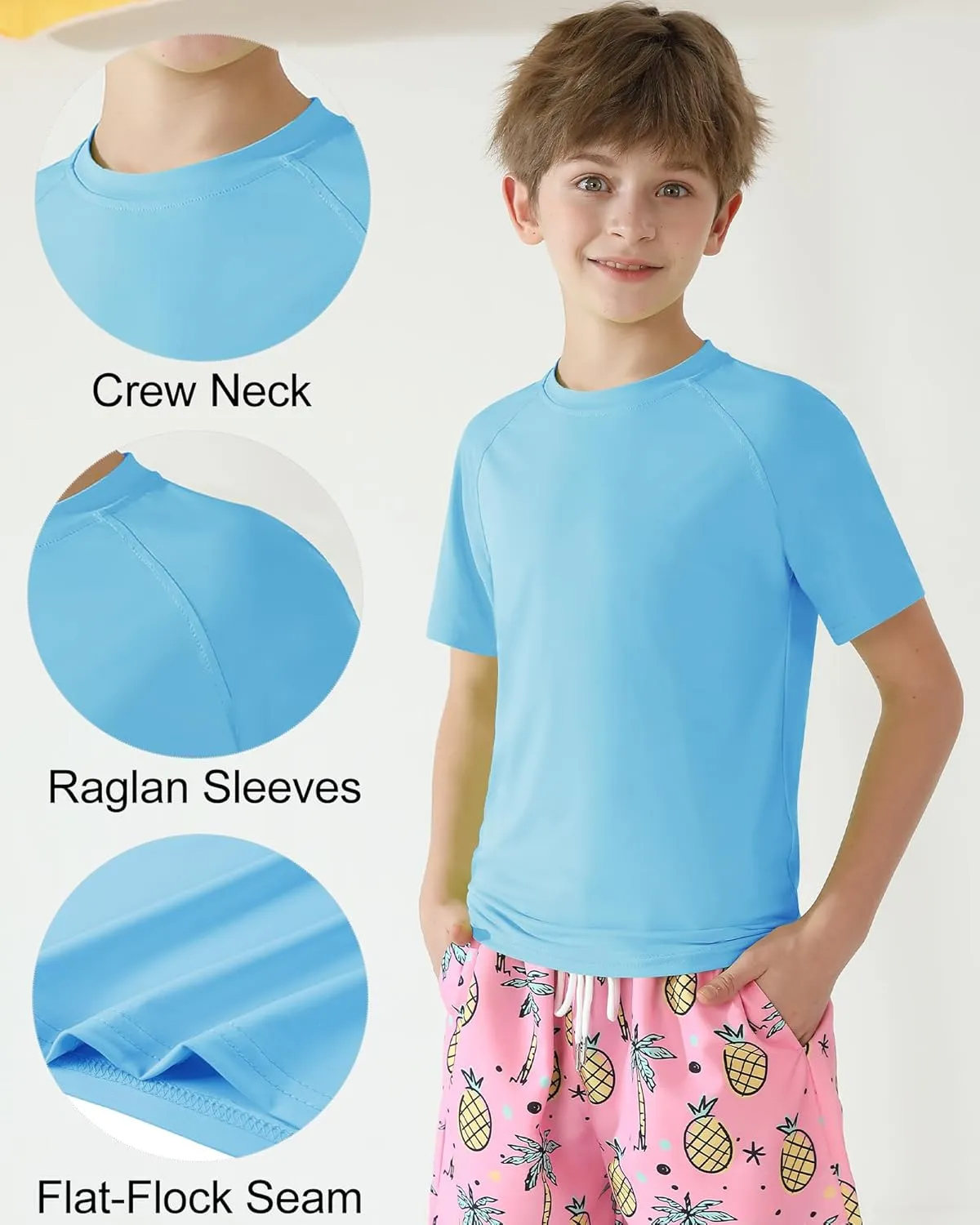 Hotfiary Boys Short Sleeve Rash Guard UPF50  Swim Shirt Quick Dry Water Sun Neon Athletic Shirts for Girls Kids Youth 5-14 Y