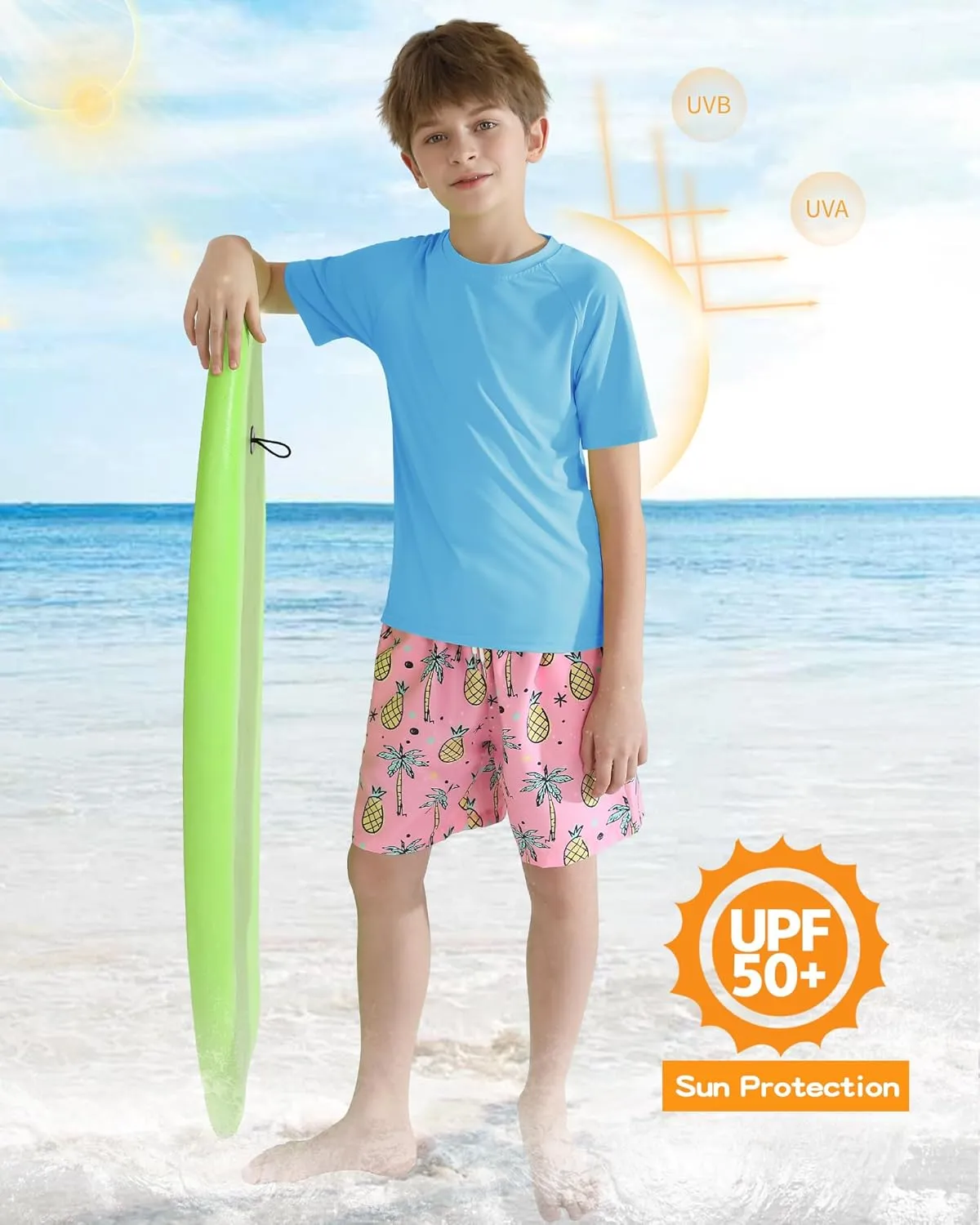 Hotfiary Boys Short Sleeve Rash Guard UPF50  Swim Shirt Quick Dry Water Sun Neon Athletic Shirts for Girls Kids Youth 5-14 Y
