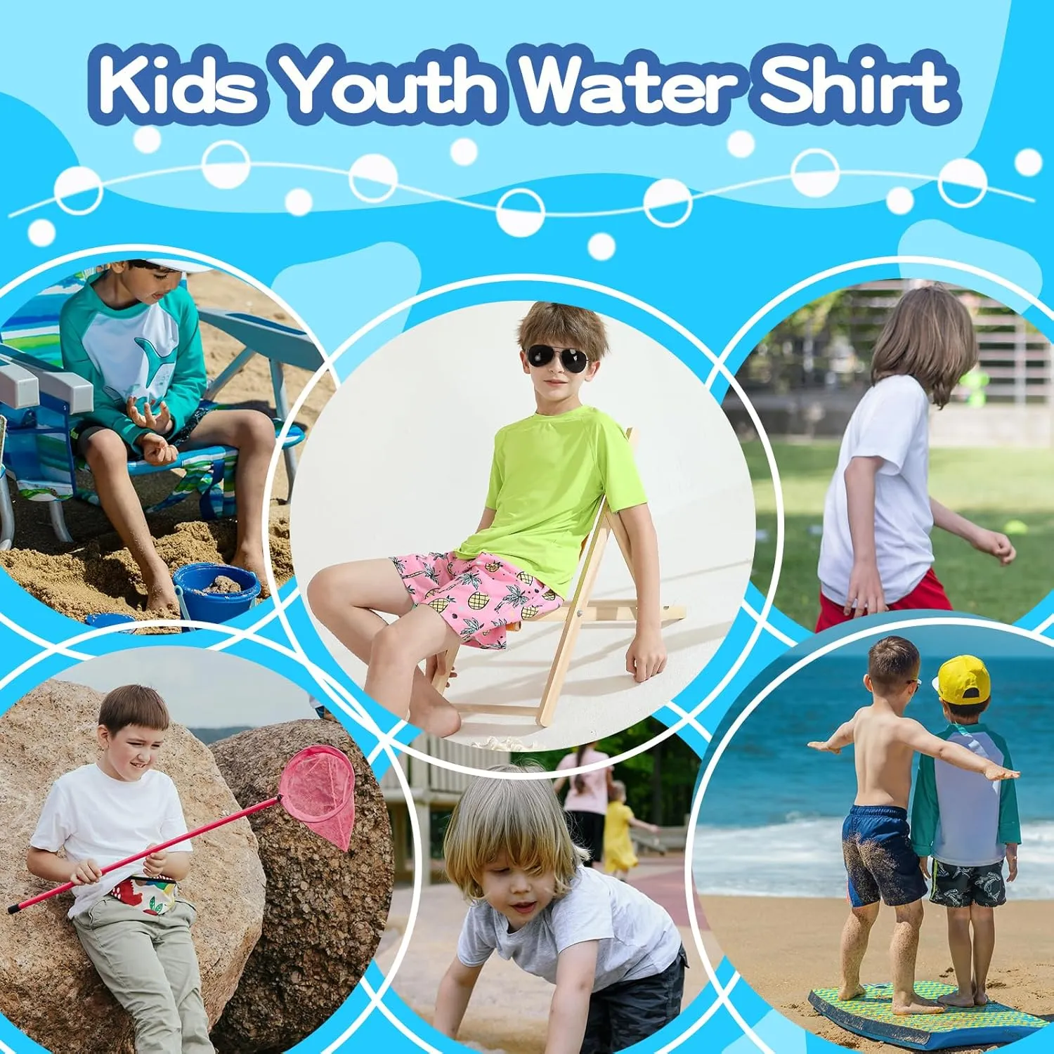 Hotfiary Boys Short Sleeve Rash Guard UPF50  Swim Shirt Quick Dry Water Sun Neon Athletic Shirts for Girls Kids Youth 5-14 Y