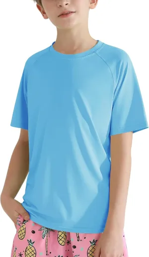 Hotfiary Boys Short Sleeve Rash Guard UPF50  Swim Shirt Quick Dry Water Sun Neon Athletic Shirts for Girls Kids Youth 5-14 Y