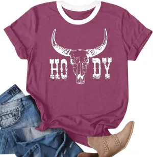 Howdy Shirt Women Cow Skull Shirt Western Country T Shirts Vintage Cowgirl Shirts Casual Short Sleeve Tee Tops