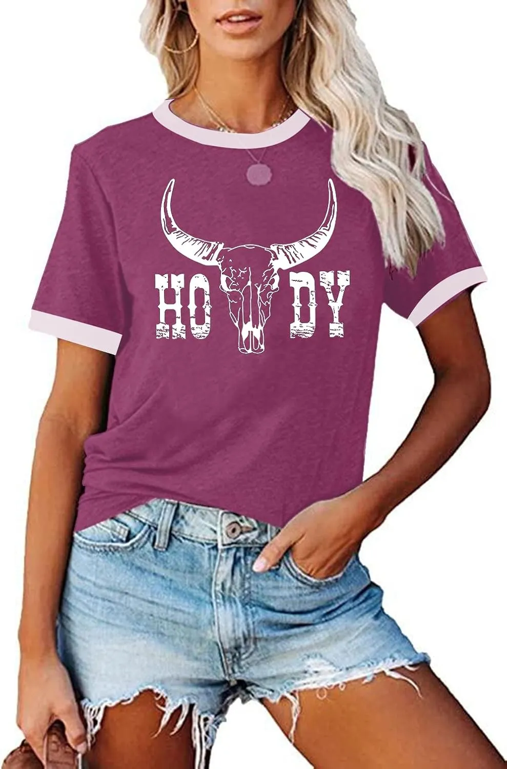 Howdy Shirt Women Cow Skull Shirt Western Country T Shirts Vintage Cowgirl Shirts Casual Short Sleeve Tee Tops