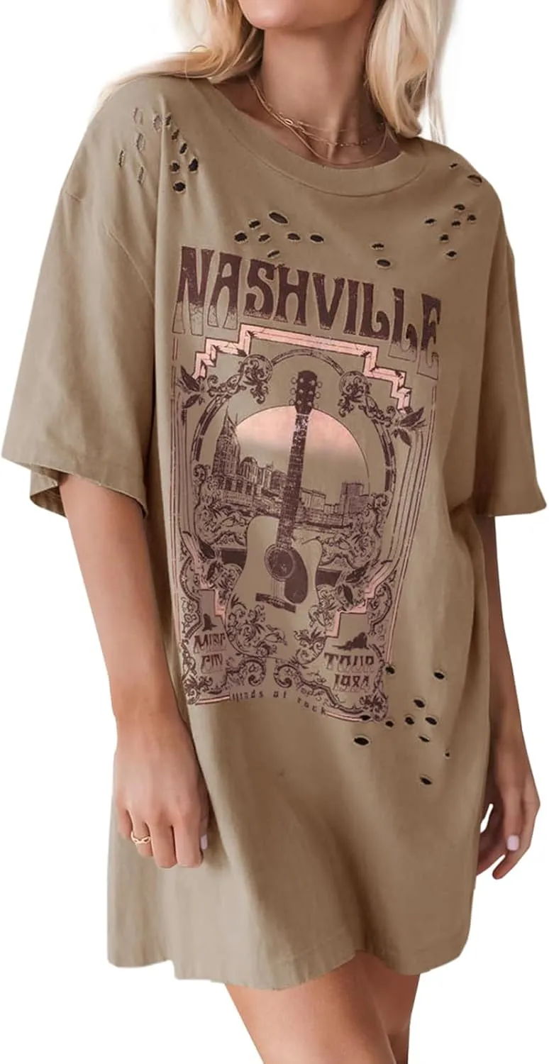 Imily Bela Womens Nashville Oversized T Shirts Country Concert Outfits Hollow Out Guitar Graphic Tees Vintage Tops