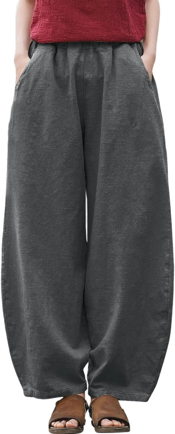 IXIMO Women's Linen Pants Casual Wide Leg Relax Fit Ankle Length Lantern Trousers