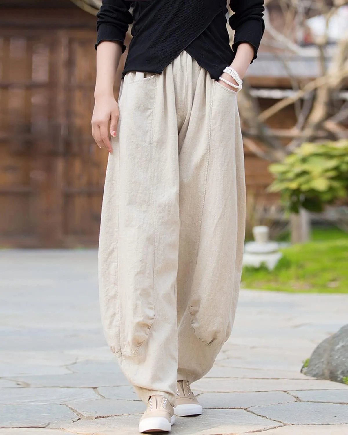IXIMO Women's Linen Pants Elastic Waist Patchwork Relax Ankle Trousers Front Pockets Army Green S