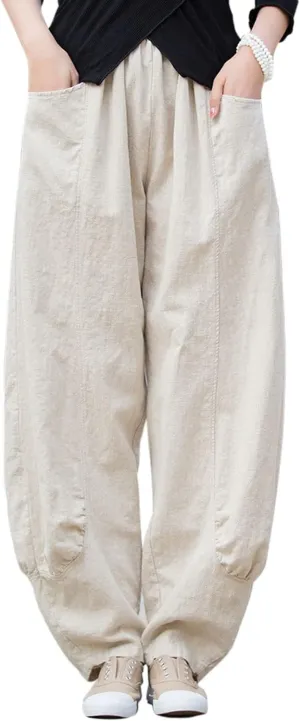 IXIMO Women's Linen Pants Elastic Waist Patchwork Relax Ankle Trousers Front Pockets Army Green S